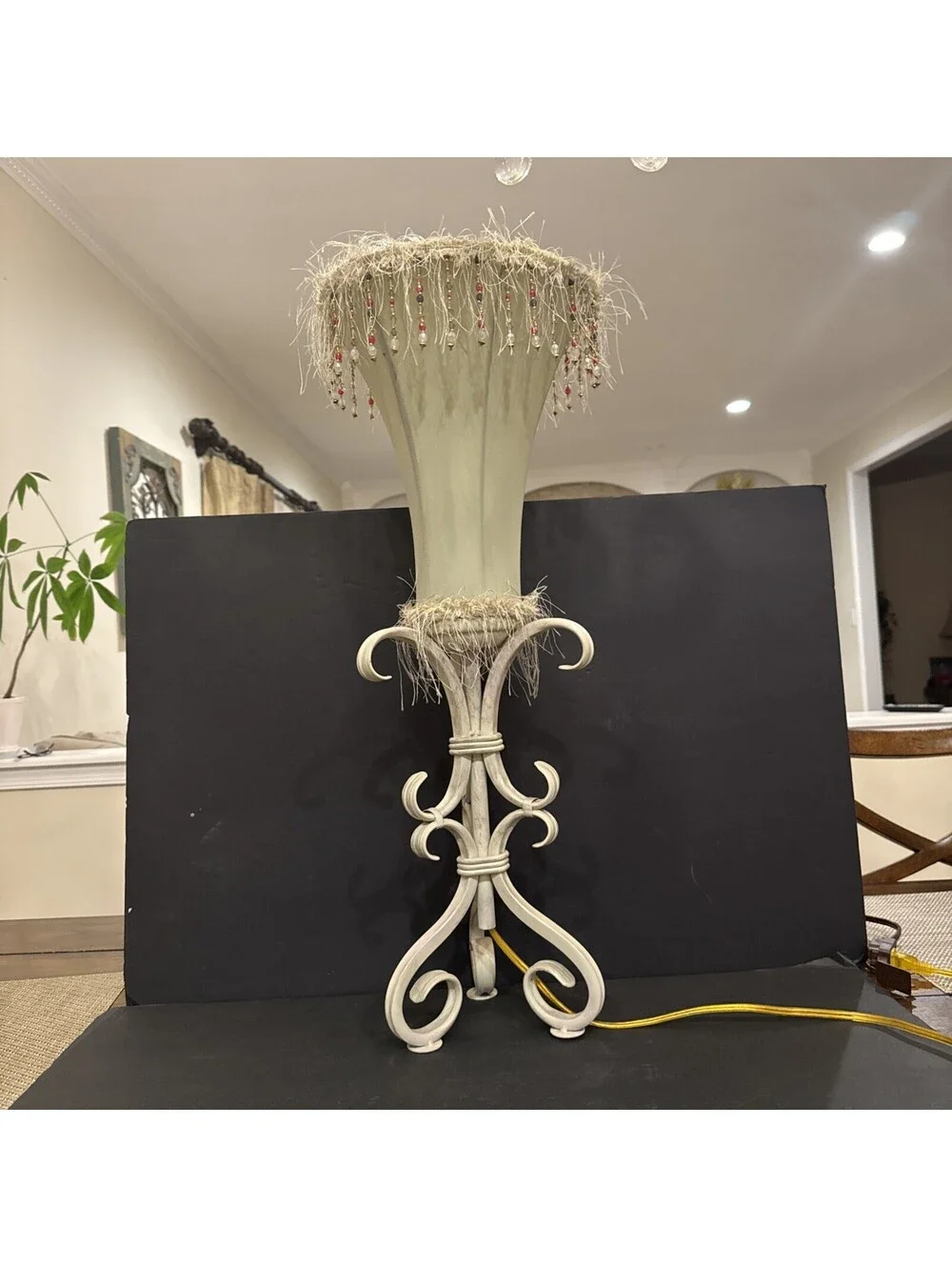 Vintage Bohemian Table Lamp Ornate Scroll Iron Base W Beaded Fringe Tulip Shade